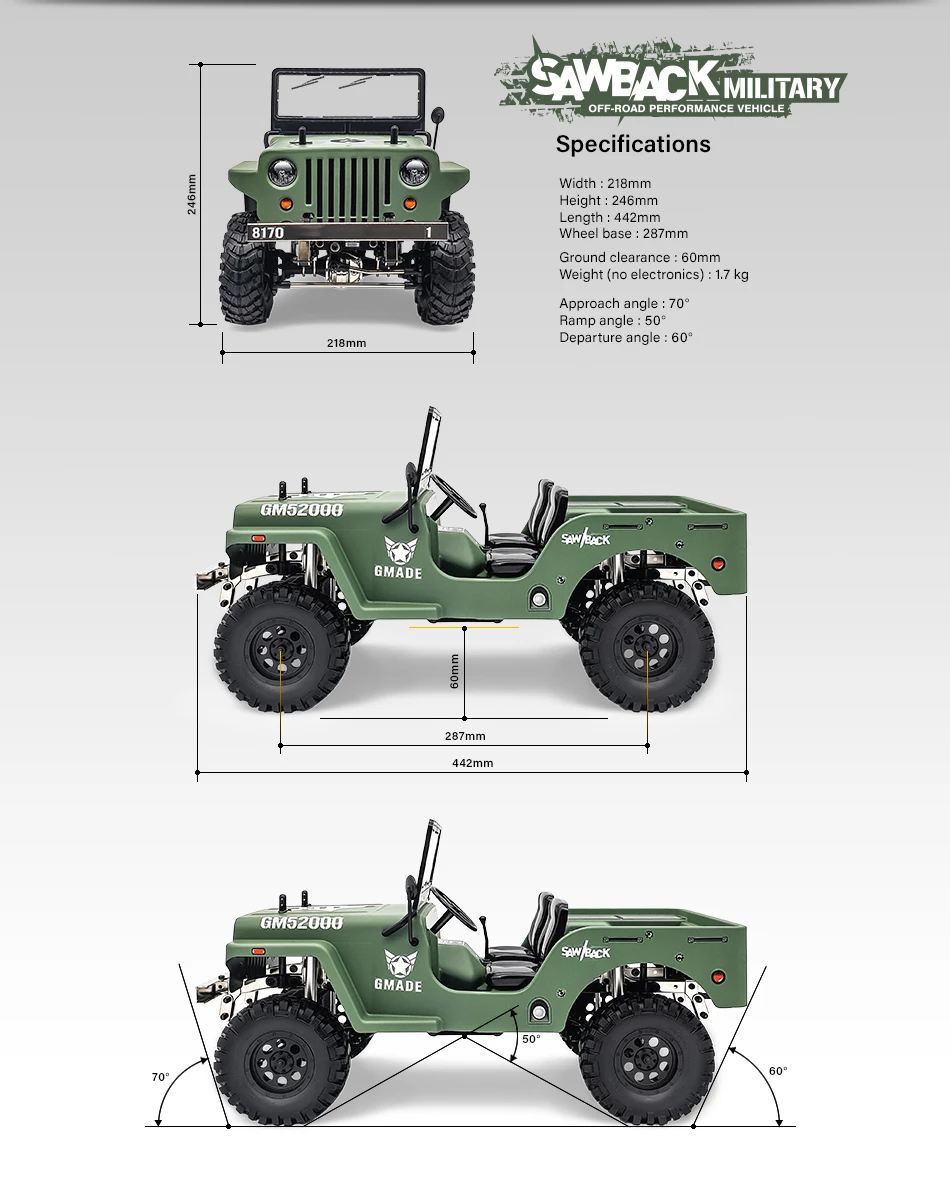 Gmade Military Sawback RTR 4WD Off-Road Vehicle 1/10th w/ GS01 Chassis 31 Gmade Military Sawback RTR 4WD Off-Road Vehicle 1/10th w/ GS01 Chassis - Image 29
